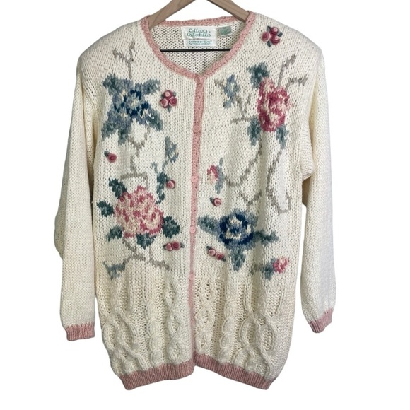 Vintage Women’s Knitted By Hand Floral Button Front Cardigan Granny Sweater - Picture 1 of 5